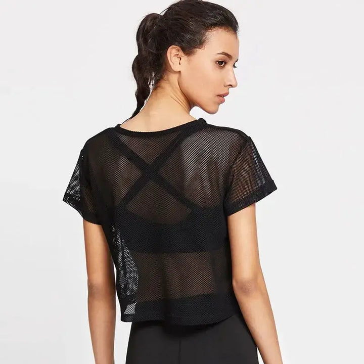 Womens Mesh Yoga Shirt Sexy Short Sleeve Sport Top