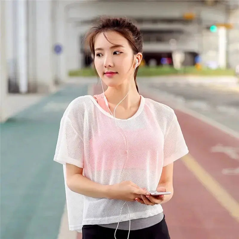 Womens Mesh Yoga Shirt Sexy Short Sleeve Sport Top