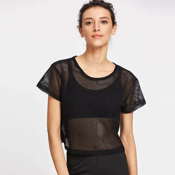 Womens Mesh Yoga Shirt Sexy Short Sleeve Sport Top