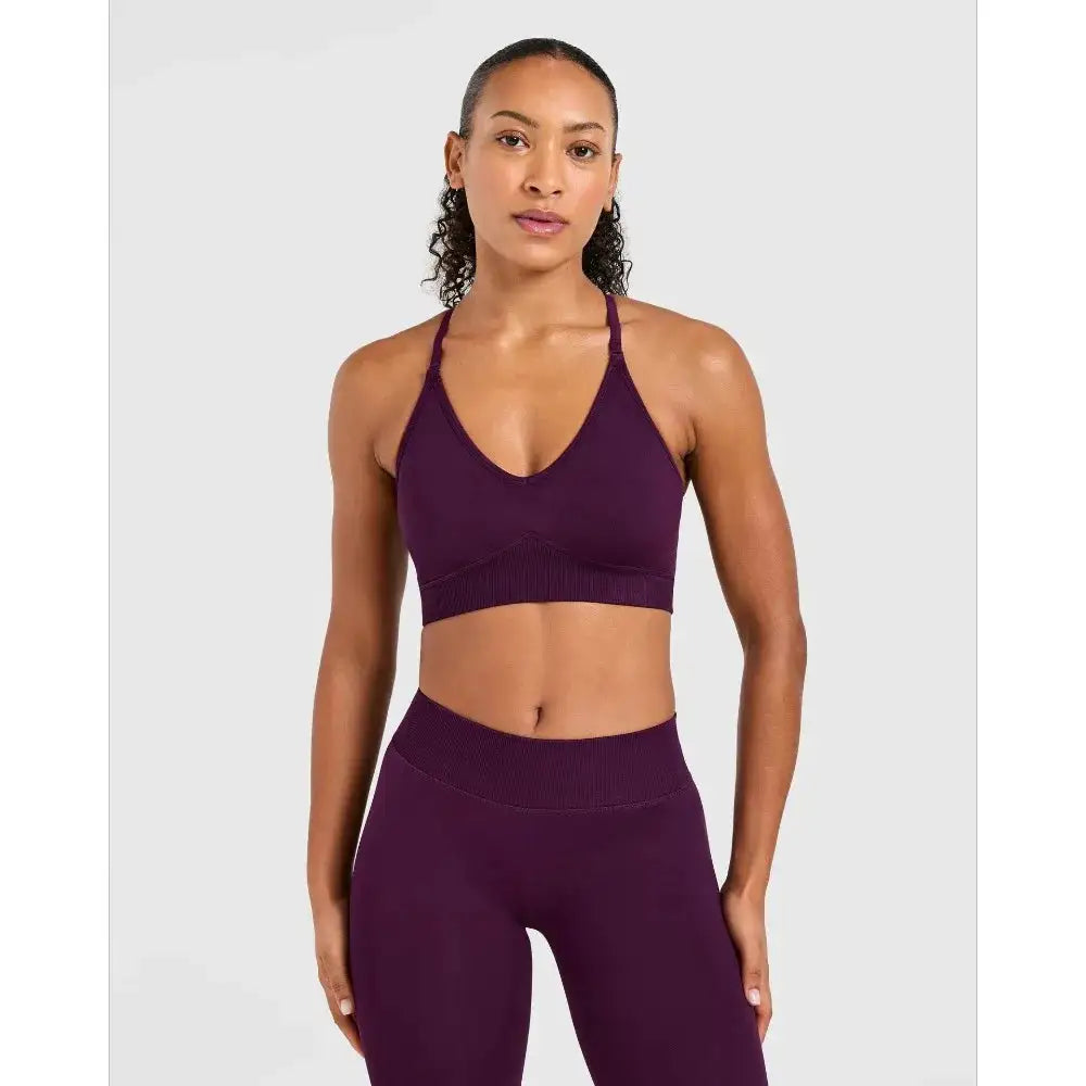 Quick Dry V Neck Sports Bra and Yoga Pants Set for Women, 90% Nylon 10% Spandex Moisture Wicking Two Piece Gym Fitness Workout Outfit, Strappy Crop Top Full Length Activewear for Running Training