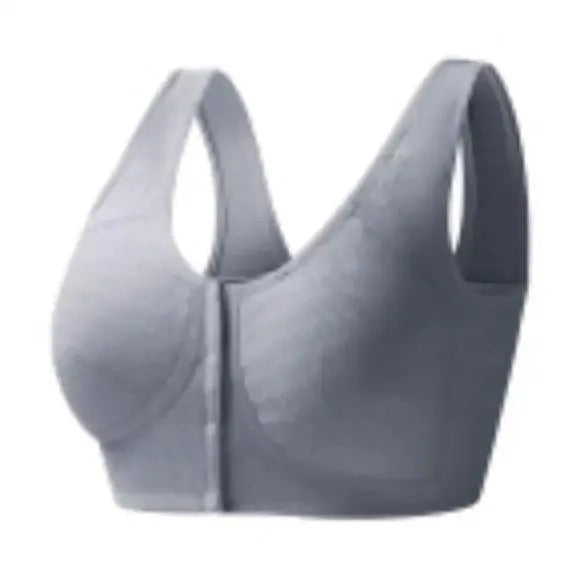 Light gray wireless front-closure bra, supportive seamless design, OurLum.com health product