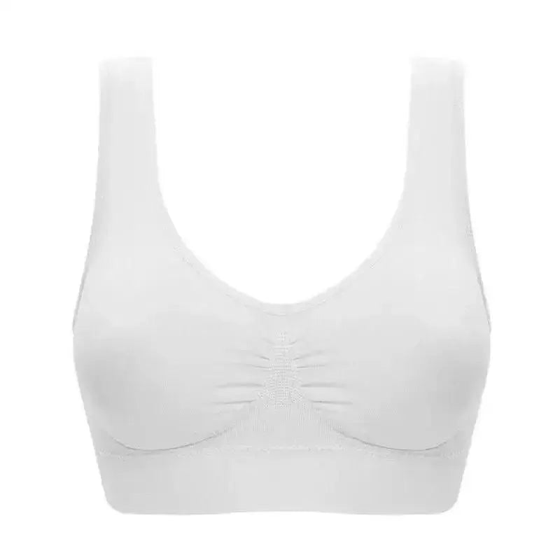 Seamless white wireless bra, soft stretch fabric, comfort fit, available at OurLum.com