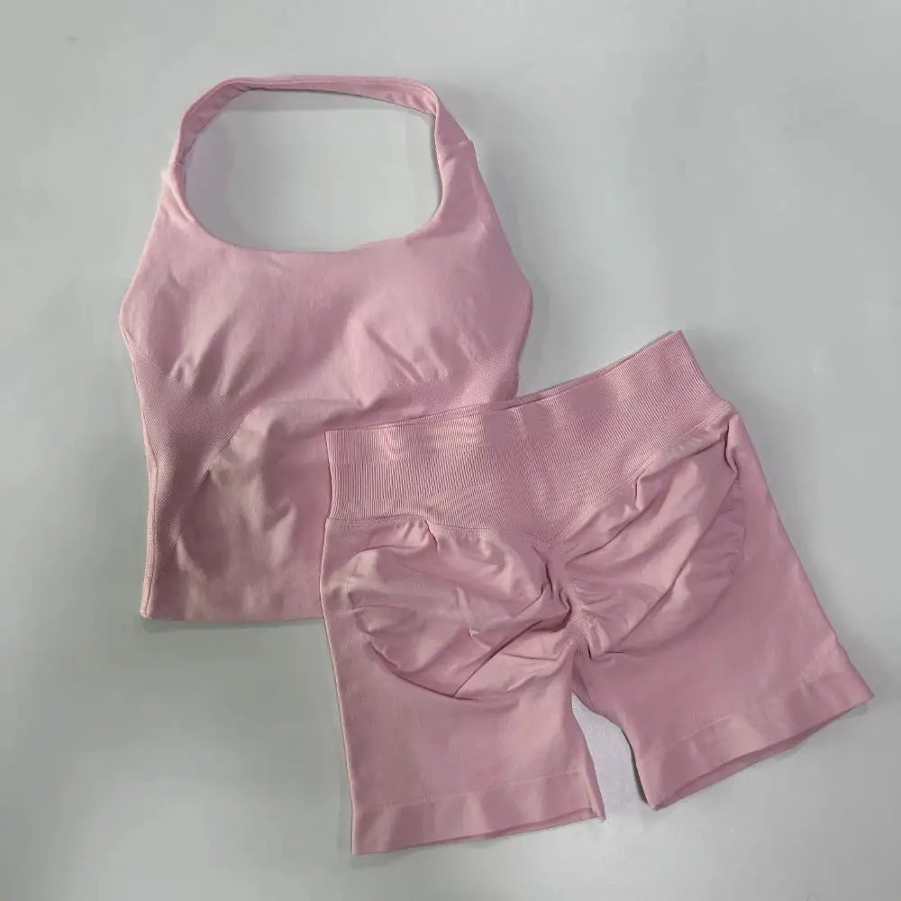 No Logo 2 Pieces Gym Set Women Backless Halter Tops High Waist Seamless Shorts Gym Suit Fitness Clothes Sportswear Workout Sets