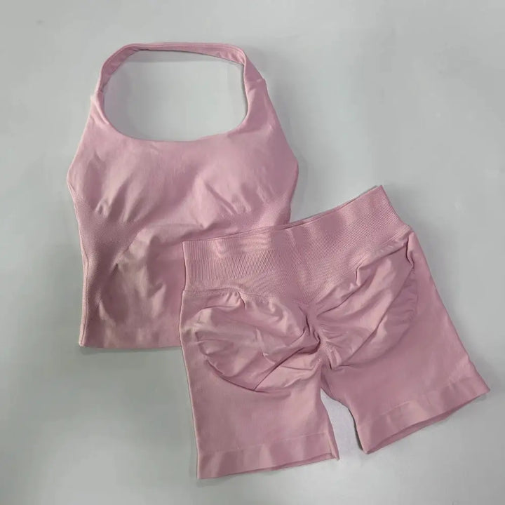 No Logo 2 Pieces Gym Set Women Backless Halter Tops High Waist Seamless Shorts Gym Suit Fitness Clothes Sportswear Workout Sets