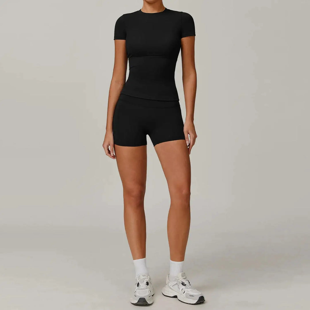 Women Yoga Set 2PCS Workout Set Sportswear Gym Clothing Fitness Long Sleeve High Waist Leggings Cycling Shorts Sports Suits