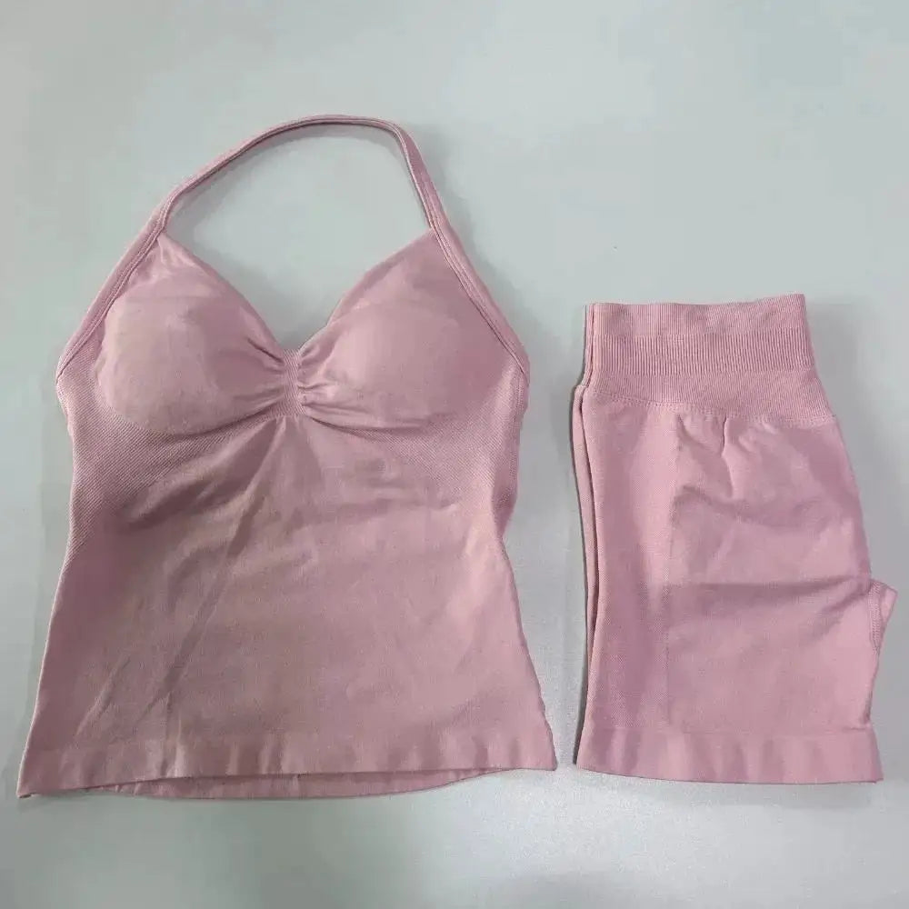 Sexy Halter Neck Beautiful Back High Waist Peach Sports Bras Shorts Suit Pilates Gathering Yoga Vest Training Fitness Bra Sets