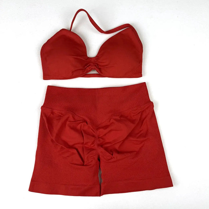 Seamless 2 Pieces Strappy Yoga Halter Bras Sets Scrunch Butt Sports Shorts Quick Dry Backless Gym Crop Tops with Pad Push Up Set