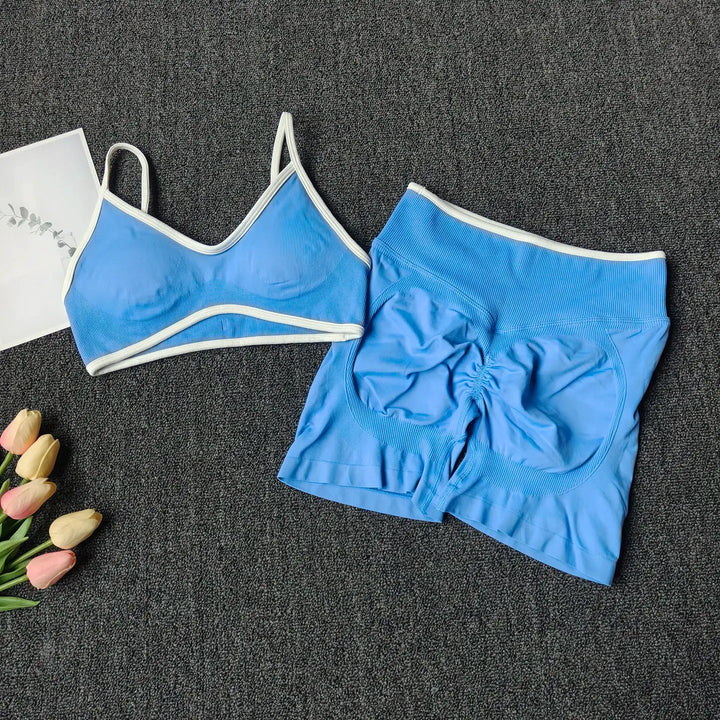 Peach Buttock Yoga Suit Women Gym Seamless Suspender Gathering Bra High Waist Hip Lifting Belly Tightening Shorts Fitness Set