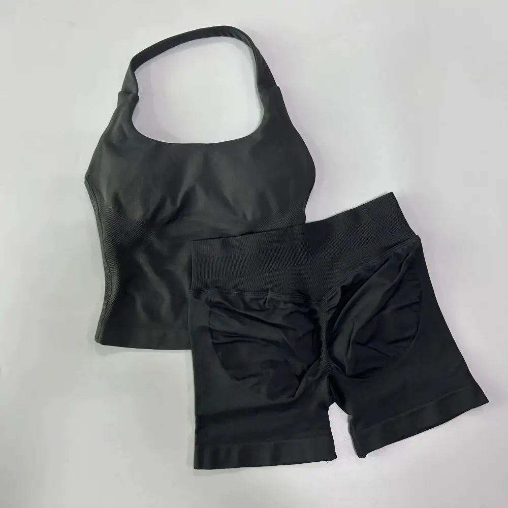 No Logo 2 Pieces Gym Set Women Backless Halter Tops High Waist Seamless Shorts Gym Suit Fitness Clothes Sportswear Workout Sets