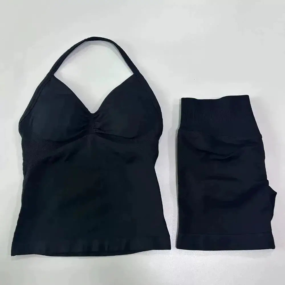Sexy Halter Neck Beautiful Back High Waist Peach Sports Bras Shorts Suit Pilates Gathering Yoga Vest Training Fitness Bra Sets