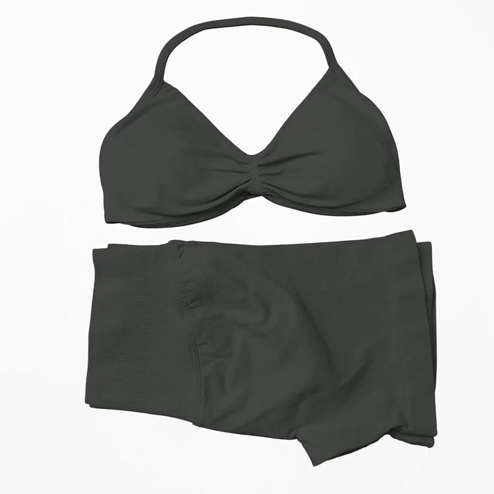 Seamless 2 Pieces Strappy Yoga Halter Bras Sets Scrunch Butt Sports Shorts Quick Dry Backless Gym Crop Tops with Pad Push Up Set