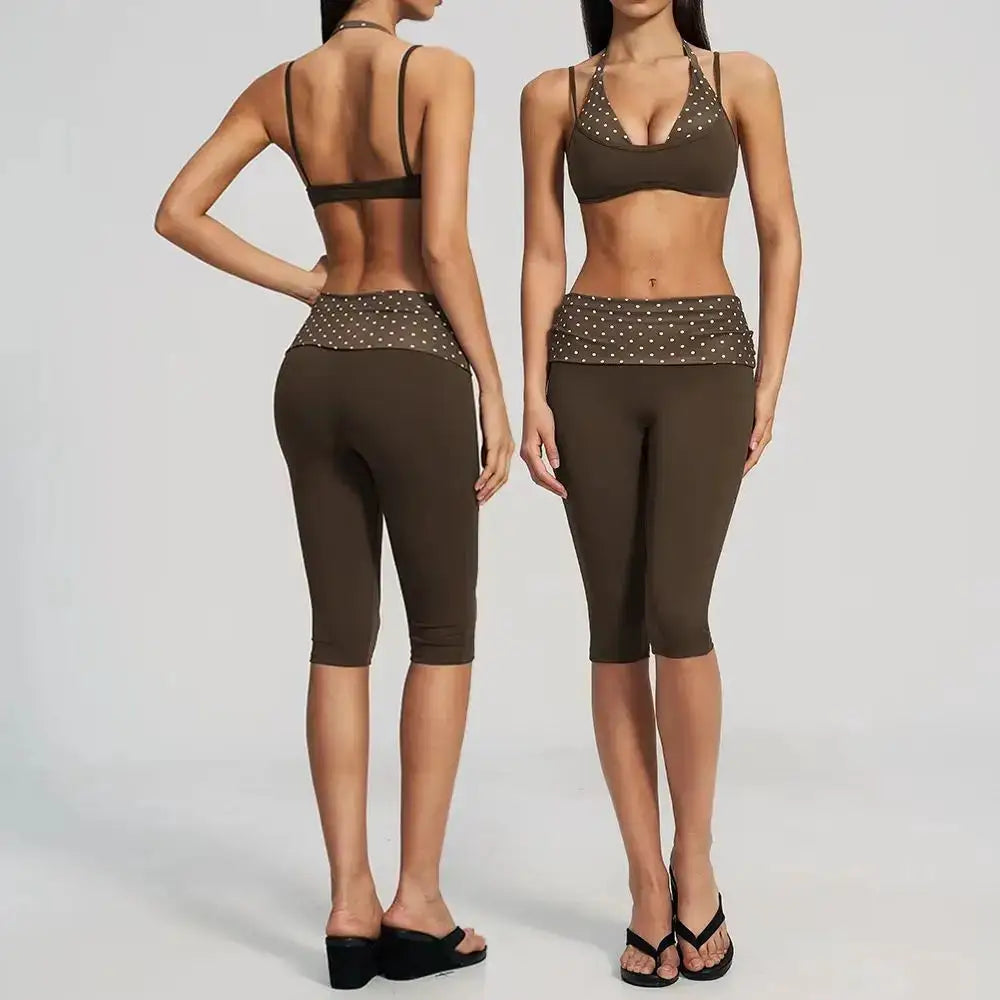 Women 2Pcs Yoga Set Halter Sports Bra Fold Over Waist Capri Leggings Striped Polka Dot Fitness Running Workout Gym Activewear