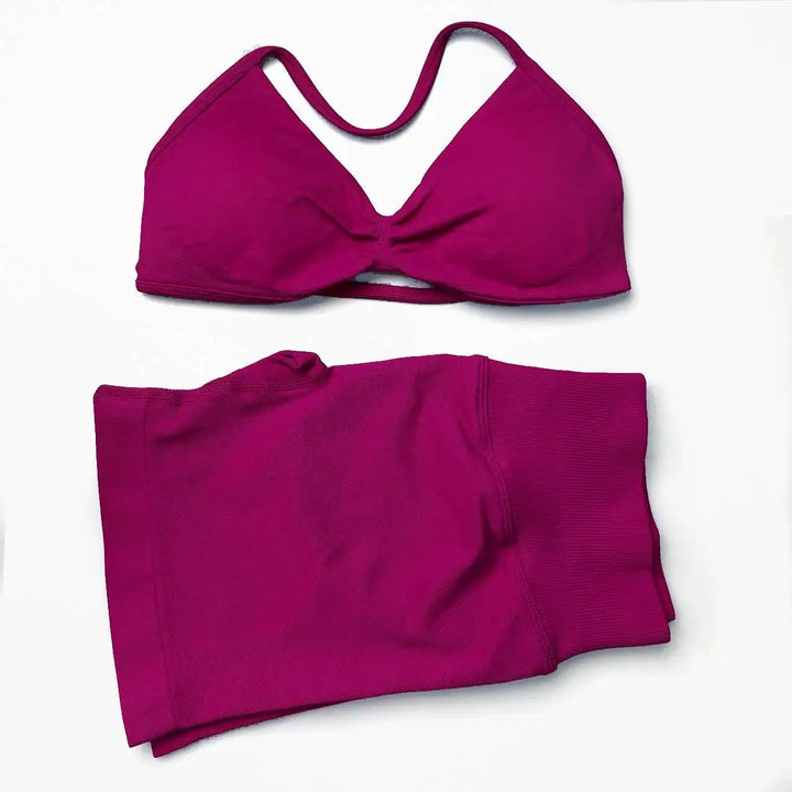 Seamless 2 Pieces Strappy Yoga Halter Bras Sets Scrunch Butt Sports Shorts Quick Dry Backless Gym Crop Tops with Pad Push Up Set