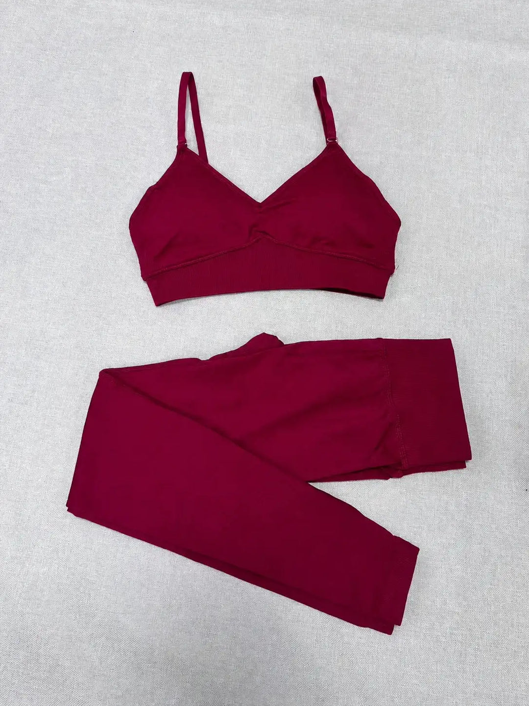 Quick Dry V Neck Sports Bra and Yoga Pants Set for Women, 90% Nylon 10% Spandex Moisture Wicking Two Piece Gym Fitness Workout Outfit, Strappy Crop Top Full Length Activewear for Running Training