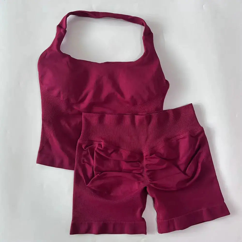 No Logo 2 Pieces Gym Set Women Backless Halter Tops High Waist Seamless Shorts Gym Suit Fitness Clothes Sportswear Workout Sets