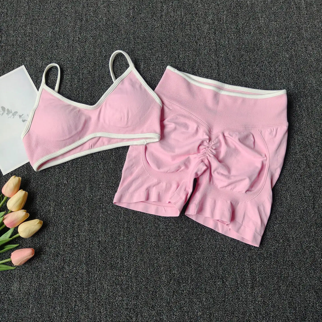 Peach Buttock Yoga Suit Women Gym Seamless Suspender Gathering Bra High Waist Hip Lifting Belly Tightening Shorts Fitness Set