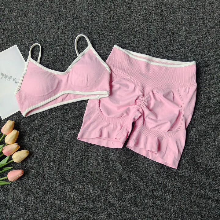 Peach Buttock Yoga Suit Women Gym Seamless Suspender Gathering Bra High Waist Hip Lifting Belly Tightening Shorts Fitness Set