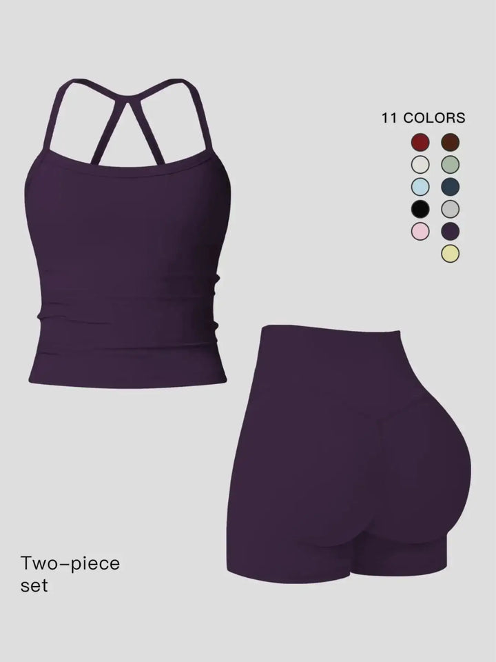 Women 2 Piece Yoga Set Quick Dry Workout Tracksuit Backless Cami Top High Waist Tummy Control Butt Lifting Shorts Ladies Fitness Sportswear Gym Outfits Activewear Running Suit