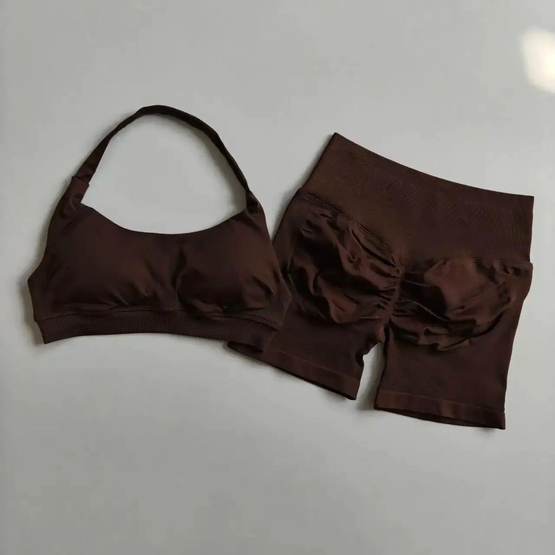 2PCs Peach High Waist Belly Hip Lifting Sports Bras Shorts Suit Gathering Shock-proof Neck Halter Yoga Suit Running Fitness Set