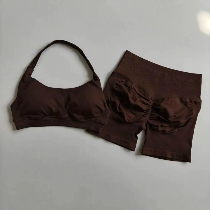 2PCs Peach High Waist Belly Hip Lifting Sports Bras Shorts Suit Gathering Shock-proof Neck Halter Yoga Suit Running Fitness Set