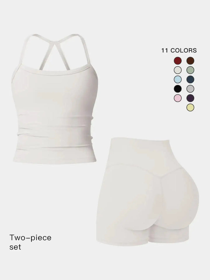 Women 2 Piece Yoga Set Quick Dry Workout Tracksuit Backless Cami Top High Waist Tummy Control Butt Lifting Shorts Ladies Fitness Sportswear Gym Outfits Activewear Running Suit