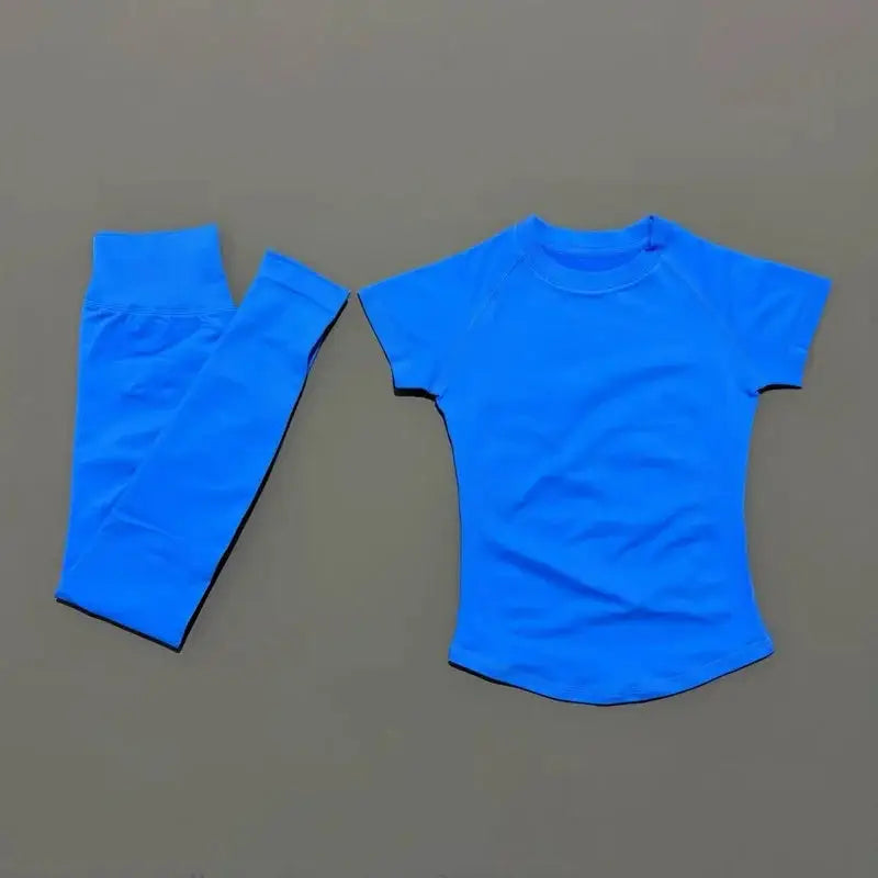 2Pcs HISTELLO Fitness Sets Women High Elastic Seamless Short Sleeve Top Low Waist Full Leggings Tummy Control Butt Lift Yoga Gym