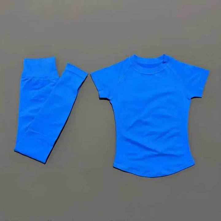 2Pcs HISTELLO Fitness Sets Women High Elastic Seamless Short Sleeve Top Low Waist Full Leggings Tummy Control Butt Lift Yoga Gym