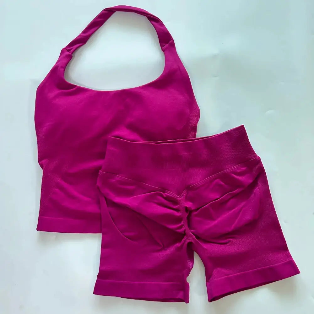 No Logo 2 Pieces Gym Set Women Backless Halter Tops High Waist Seamless Shorts Gym Suit Fitness Clothes Sportswear Workout Sets