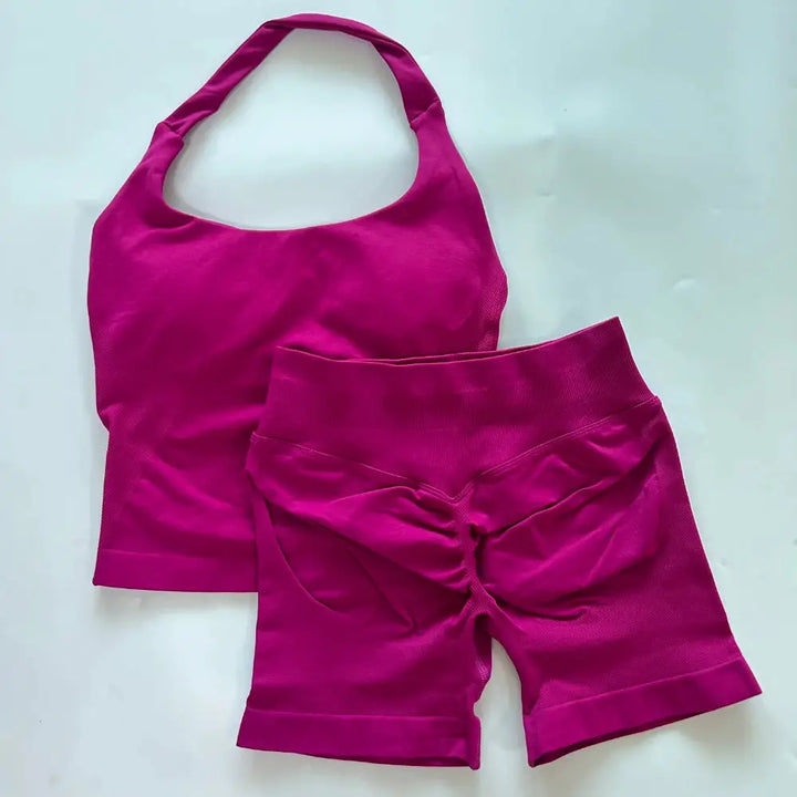 No Logo 2 Pieces Gym Set Women Backless Halter Tops High Waist Seamless Shorts Gym Suit Fitness Clothes Sportswear Workout Sets
