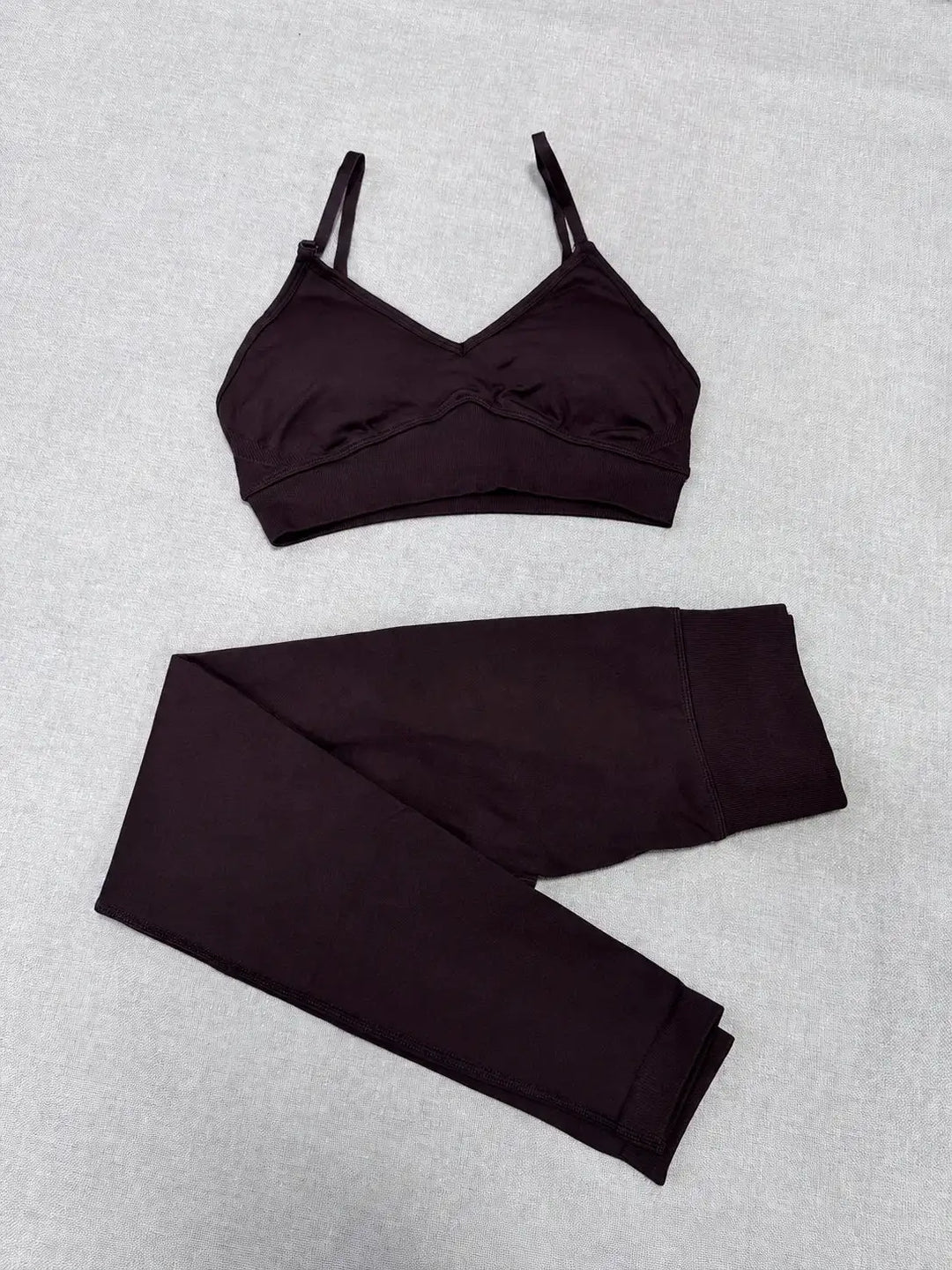 Quick Dry V Neck Sports Bra and Yoga Pants Set for Women, 90% Nylon 10% Spandex Moisture Wicking Two Piece Gym Fitness Workout Outfit, Strappy Crop Top Full Length Activewear for Running Training