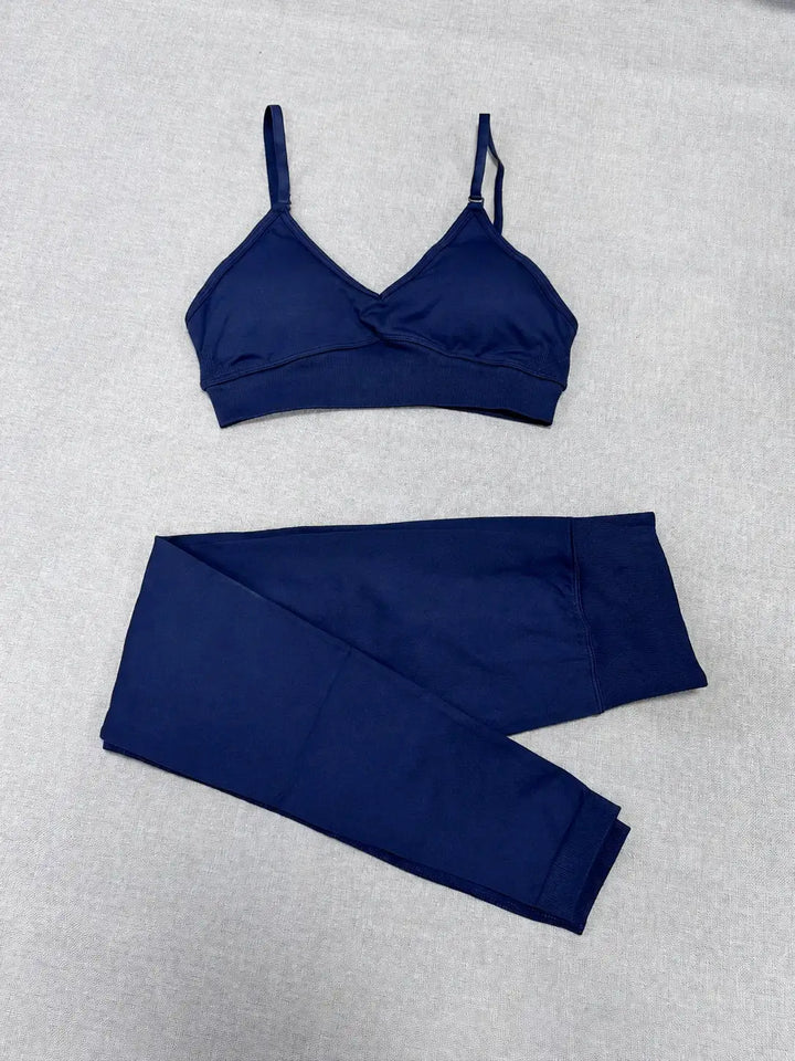 Quick Dry V Neck Sports Bra and Yoga Pants Set for Women, 90% Nylon 10% Spandex Moisture Wicking Two Piece Gym Fitness Workout Outfit, Strappy Crop Top Full Length Activewear for Running Training