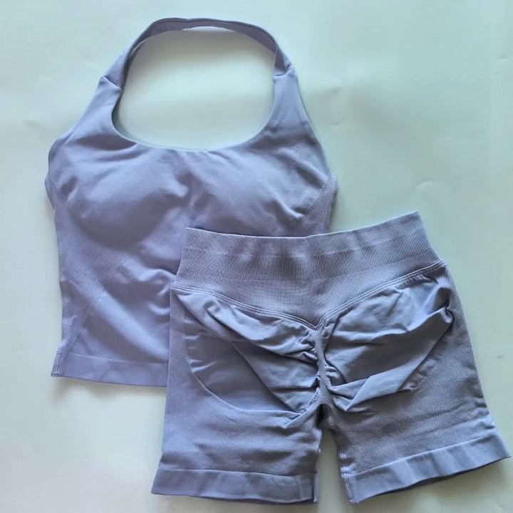 No Logo 2 Pieces Gym Set Women Backless Halter Tops High Waist Seamless Shorts Gym Suit Fitness Clothes Sportswear Workout Sets