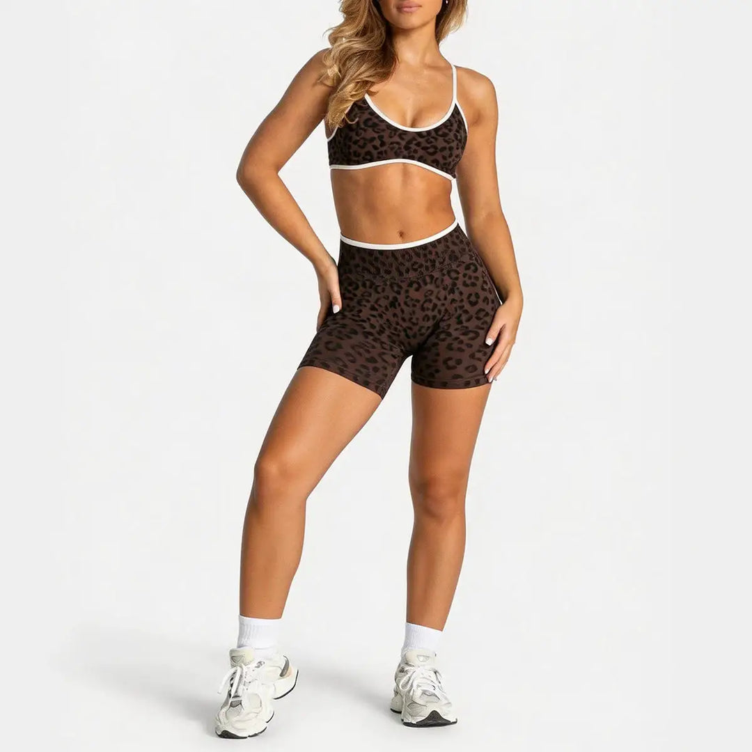 Women Leopard Print 2 Piece Yoga Set High Waist Butt Lift Biker Shorts Adjustable Strap Sports Bra Gym Workout Activewear
