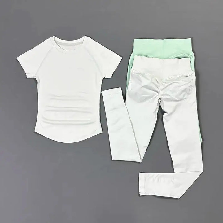 2Pcs HISTELLO Fitness Sets Women High Elastic Seamless Short Sleeve Top Low Waist Full Leggings Tummy Control Butt Lift Yoga Gym