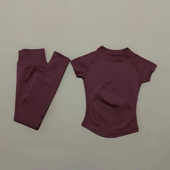 2Pcs HISTELLO Fitness Sets Women High Elastic Seamless Short Sleeve Top Low Waist Full Leggings Tummy Control Butt Lift Yoga Gym
