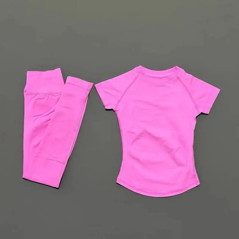 2Pcs HISTELLO Fitness Sets Women High Elastic Seamless Short Sleeve Top Low Waist Full Leggings Tummy Control Butt Lift Yoga Gym