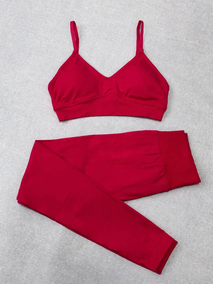 Quick Dry V Neck Sports Bra and Yoga Pants Set for Women, 90% Nylon 10% Spandex Moisture Wicking Two Piece Gym Fitness Workout Outfit, Strappy Crop Top Full Length Activewear for Running Training