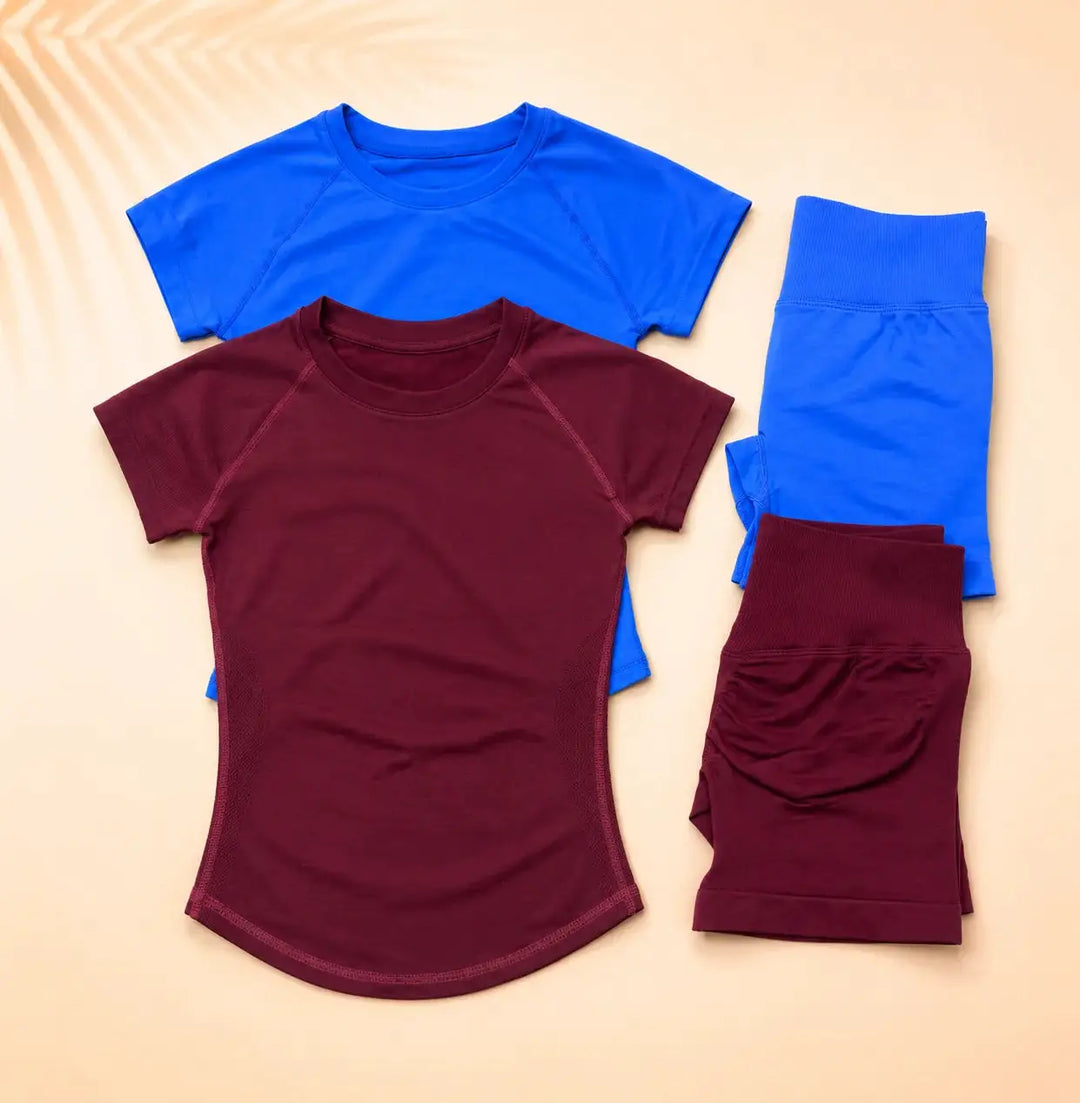 NoLogo Women Ribbed Yoga 2-Piece Set Tummy Short Sleeve Top High Waist Butt Lifting Shorts Seamless Gym for Fitness Running