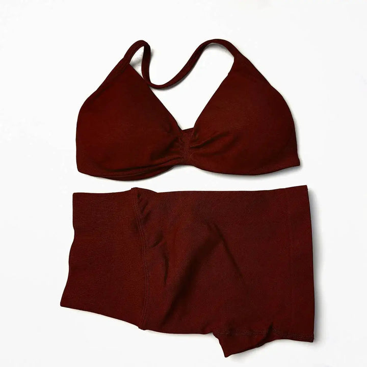WANAYOU Seamless 2 Pcs Women Yoga Sets Halter Bras Sports Crop Tops Low Waist Scrunch Butt Gym Shorts Tight Quick Dry Leggings