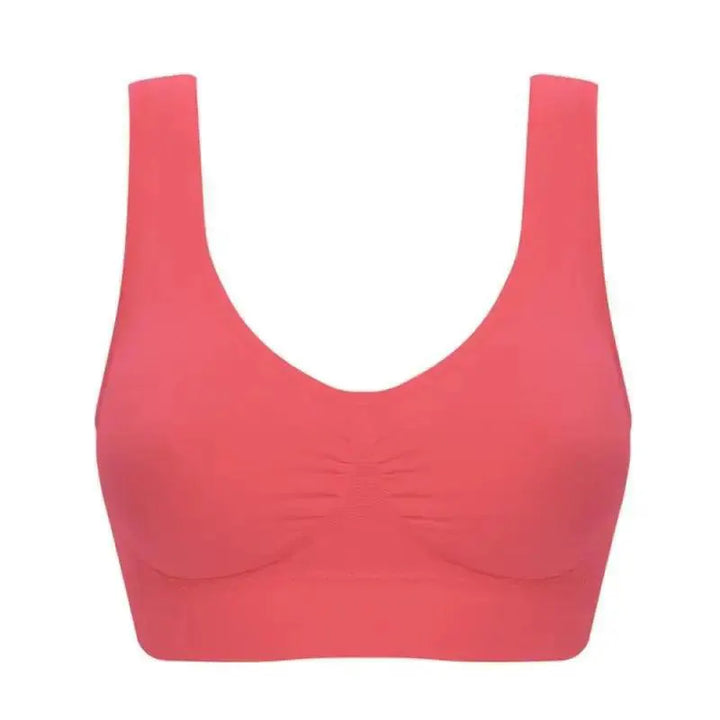 Seamless coral sports bra with scoop neck, stylish activewear at OurLum.com