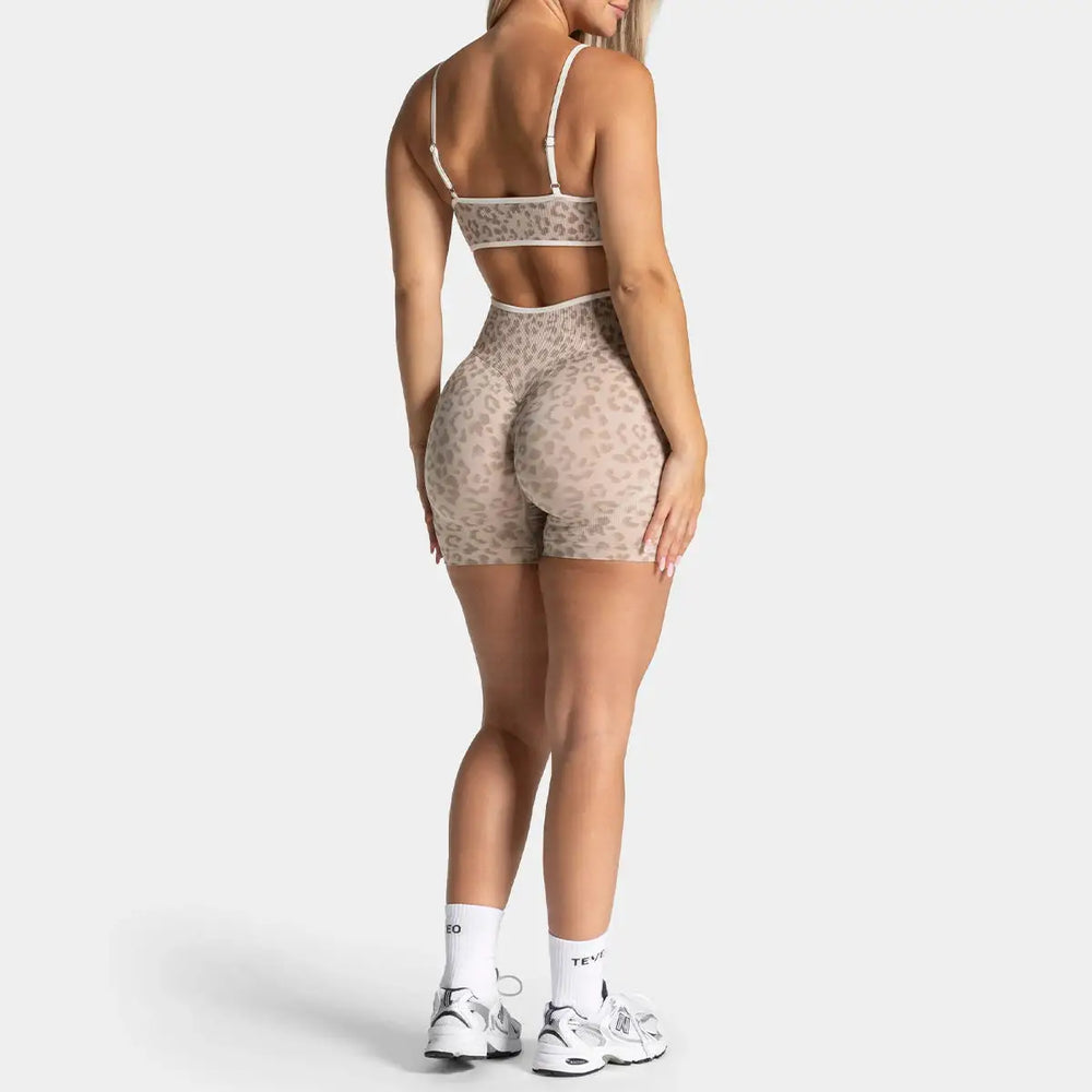 Women Leopard Print 2 Piece Yoga Set High Waist Butt Lift Biker Shorts Adjustable Strap Sports Bra Gym Workout Activewear