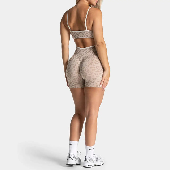 Women Leopard Print 2 Piece Yoga Set High Waist Butt Lift Biker Shorts Adjustable Strap Sports Bra Gym Workout Activewear