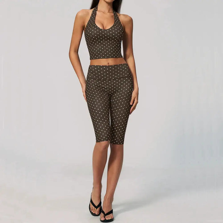 Yoga Capri Pants Set 2pcs Sport Set Women Polka Dot Athletic Wear Gym Push Up Yoga Pants Gym Suit Fitness Bra Workout Set Outfit