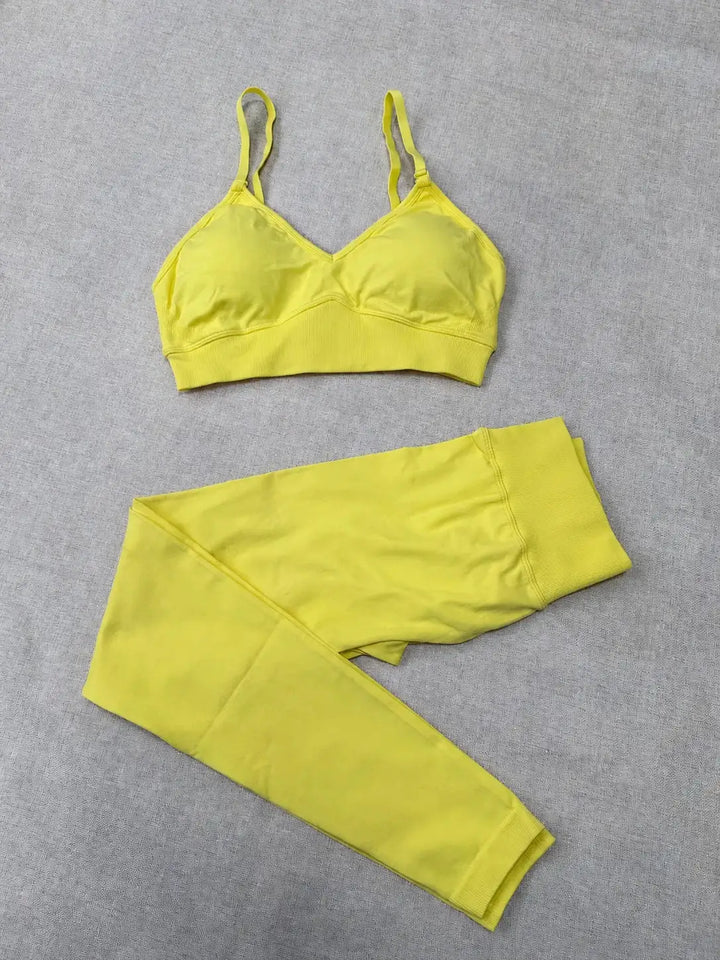 Quick Dry V Neck Sports Bra and Yoga Pants Set for Women, 90% Nylon 10% Spandex Moisture Wicking Two Piece Gym Fitness Workout Outfit, Strappy Crop Top Full Length Activewear for Running Training