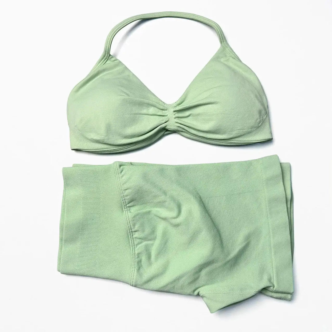 STOUREG 2 Pieces Yoga Gym Set Women Seamless Strappy Yoga Bra High Waist Workout Scrunch Shorts Set Fitness Clothes Sportswear