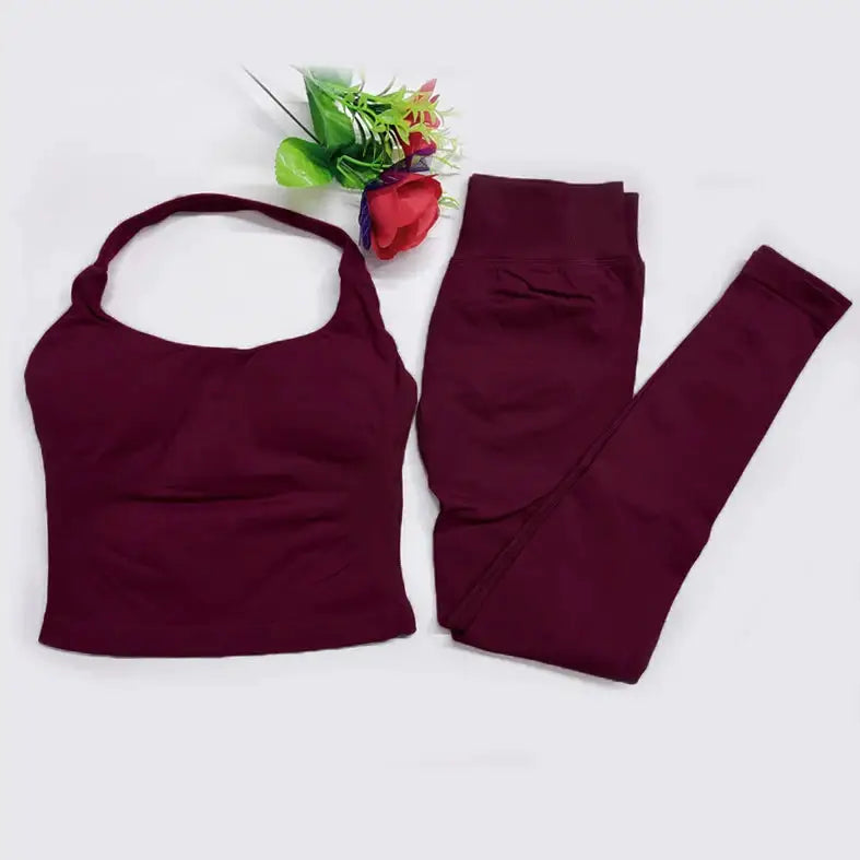 2026 Yoga outfit DFNNYE two Pieces Gym Set seamless Women DF impact backless Halter Top Leggings Fitness Clothes Workout sets