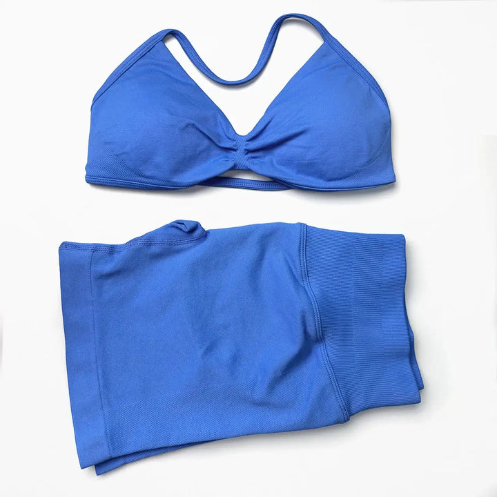 Seamless 2 Pieces Strappy Yoga Halter Bras Sets Scrunch Butt Sports Shorts Quick Dry Backless Gym Crop Tops with Pad Push Up Set