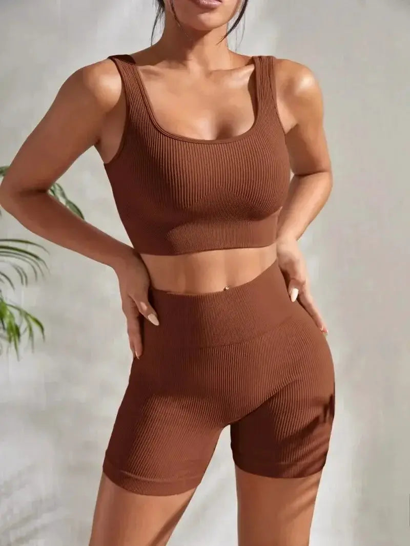 Women Seamless Ribbed Yoga Set Two Piece For Fitness