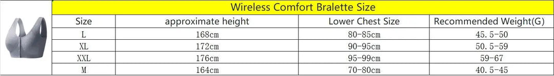 Wireless comfort bralette size chart with measurements and bra image at OurLum.com