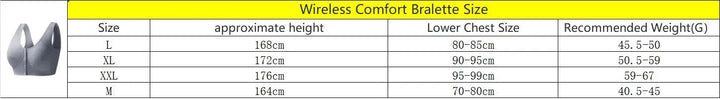 Wireless comfort bralette size chart with measurements and bra image at OurLum.com